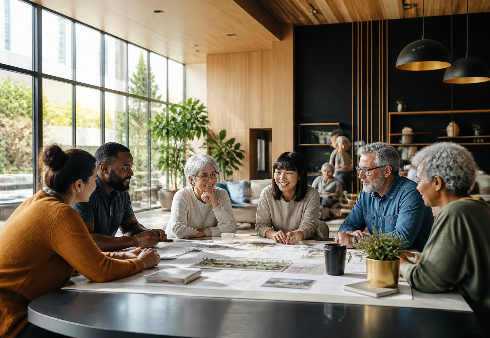 Neighbors meeting around a table in a sunlit cooperative community room